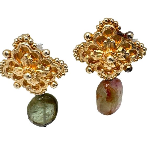 Stephen Dweck Jewelry - Stephen Dweck Vermeil Sterling Silver Vtg Clip-On Earrings Gemstone Floral